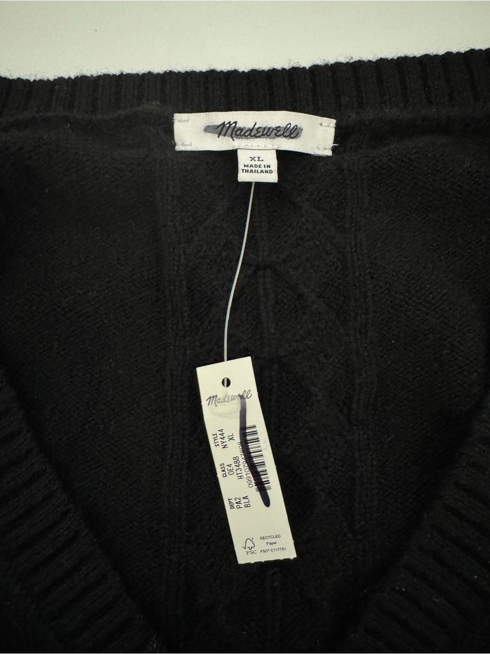 Madewell Merino Wool 100% Cable Knit V-Neck Puff Sleeve Sweater Black XL NWT - Picture 4 of 7